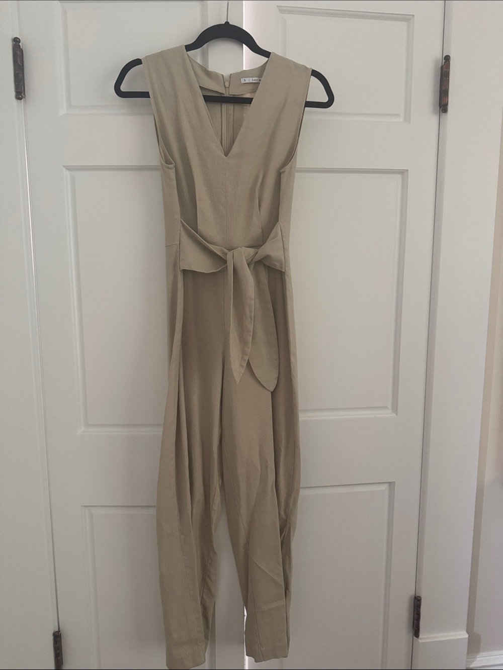 Sleeveless Tie-Waist Beige Jumpsuit